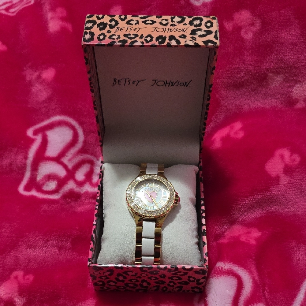 Betsey Johnson Gold and White Watch with Leopard Box